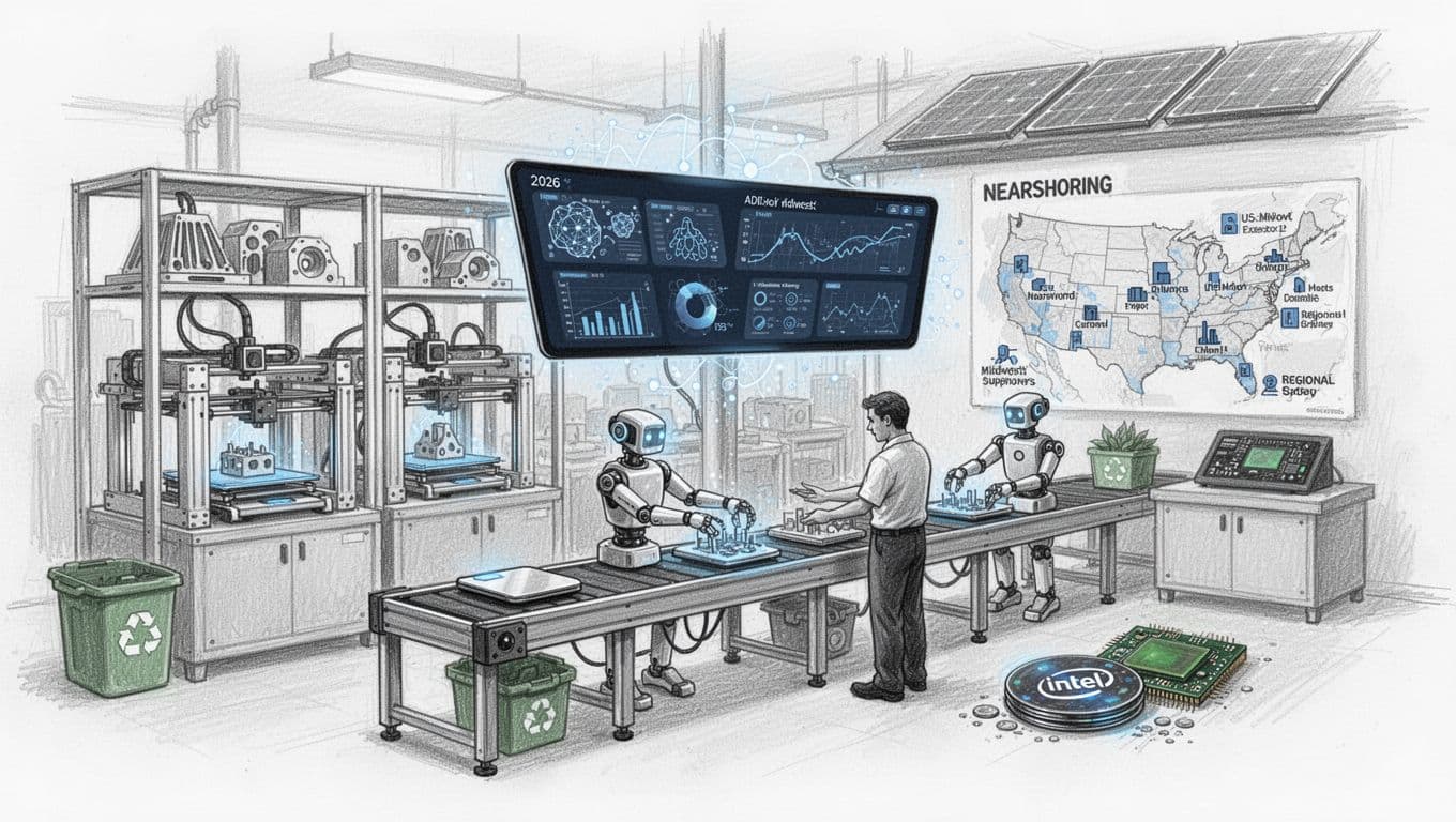 Hand-drawn graphite sketch depicting a futuristic smart scale manufacturing factory in 2026, featuring 3D printers, AI dashboard, nearshoring maps, human-robot collaboration, sustainability elements, and US chip production.