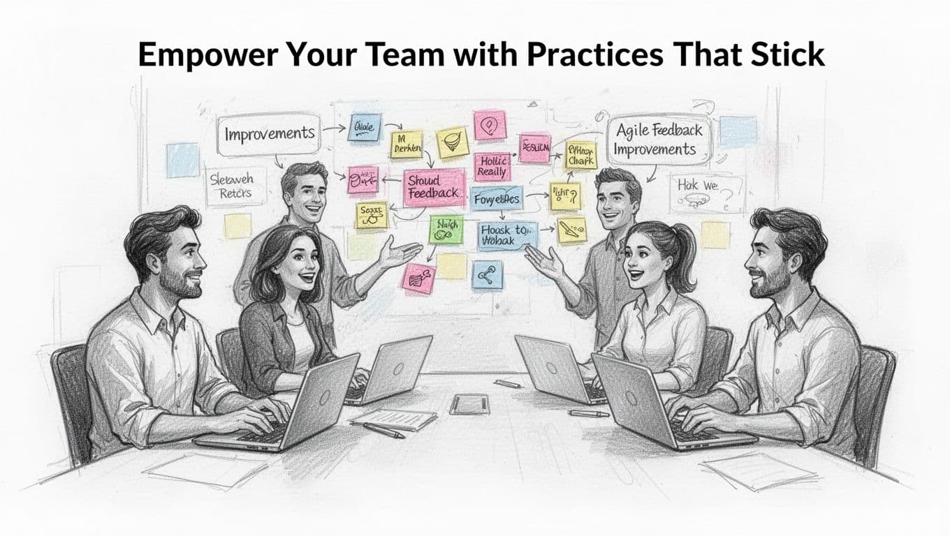 Hand-drawn sketch of four team members in a casual office meeting room, brainstorming improvements using sticky notes on the wall and open laptops, graphite linework with light shading on clean white paper background, landscape composition.