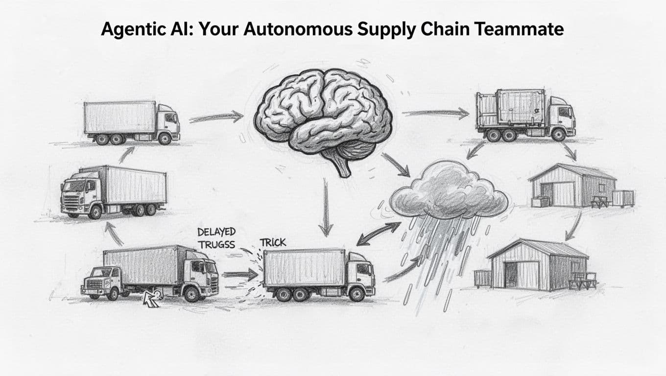 Hand-drawn sketch of a single floating AI brain icon connected to supply chain network icons (truck, ship, warehouse), autonomously rerouting a delayed truck around a storm cloud obstacle on white paper.