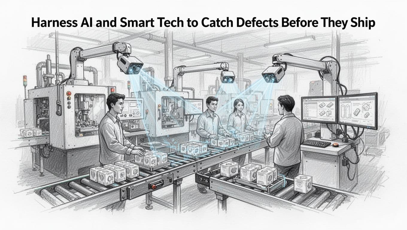 Hand-drawn sketch of a factory assembly line where AI cameras scan products for defects, with exactly three workers monitoring screens amid machines and conveyor belts on a clean white background.