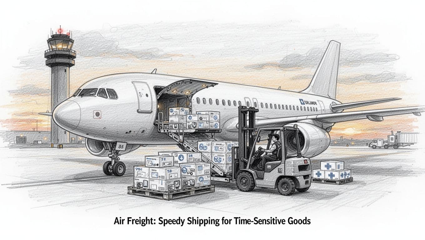 Hand-drawn graphite sketch of a cargo plane on the airport tarmac at dawn, with a forklift loading pallets of small electronics boxes and medical supply crates through the open cargo door. Dynamic three-quarter view emphasizes speedy air shipping action, control tower in background.