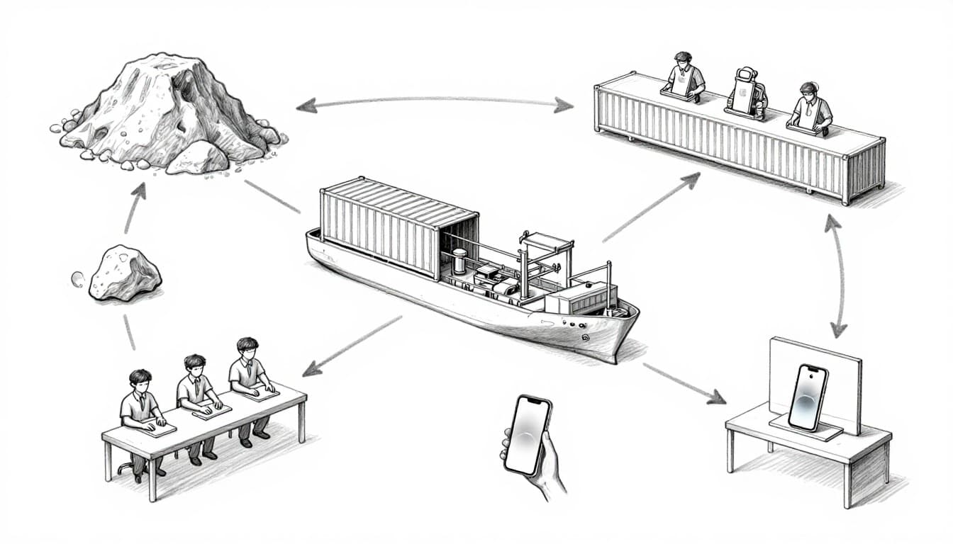 Hand-drawn graphite linework sketch depicting the Apple iPhone supply chain from rare earth mine to customer, including component factory, Foxconn assembly with three workers, shipping container ship, Apple store display, connected by arrows on white background.