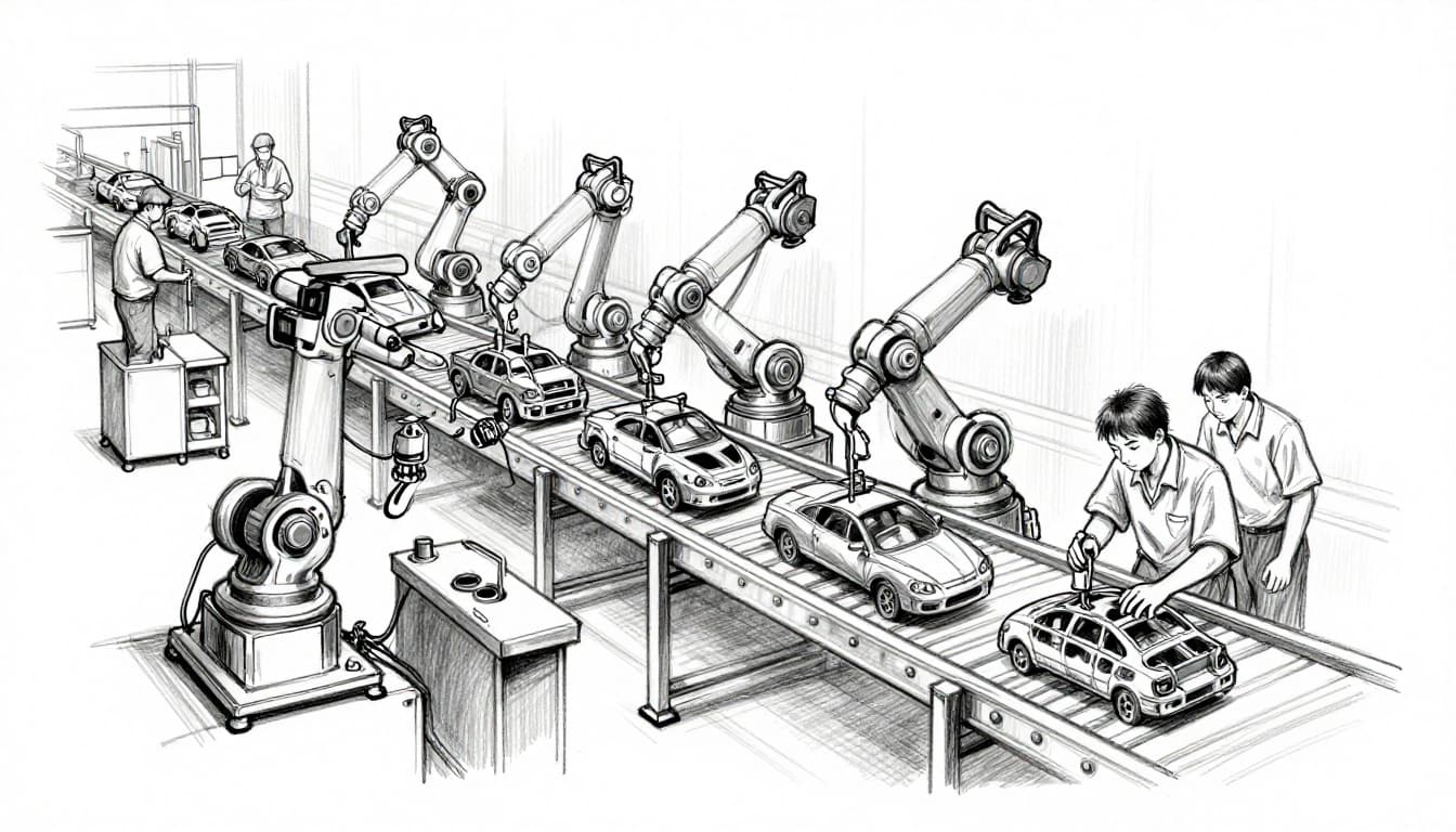 Hand-drawn graphite sketch of a dynamic assembly line in a factory, showing conveyor belts transporting car parts, two robots and three workers precisely assembling components from start to end.