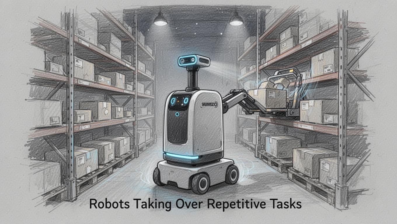 Hand-drawn sketch of one autonomous mobile robot sorting and moving packages on shelves in a warehouse at nighttime, emphasizing 24/7 operation with simple graphite linework and light shading on light gray paper.