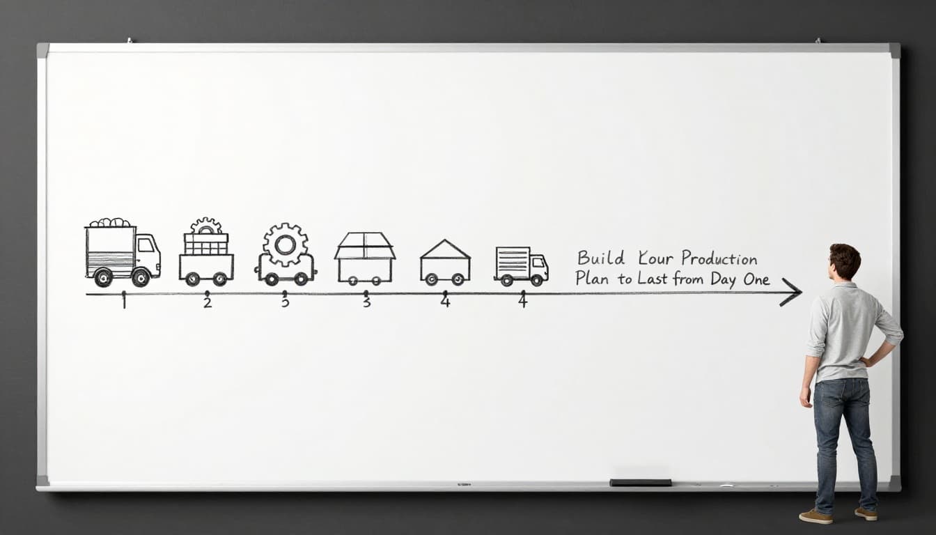 Hand-drawn graphite sketch of one person standing relaxed, hand on hip, viewing a large whiteboard timeline chart with backward arrow from deadline to start, evenly spaced milestone icons like gears, boxes, and truck, light shading on clean white background.