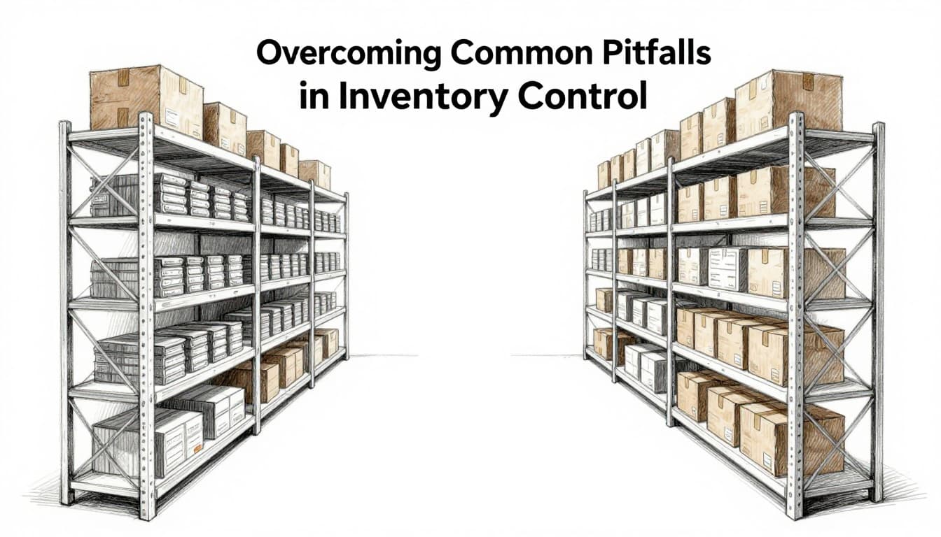Hand-drawn graphite sketch on white paper depicting a balanced scale in a warehouse: one side with empty shelves showing stockout, the other with piled boxes for overstock, equilibrated by safety stock buffer.