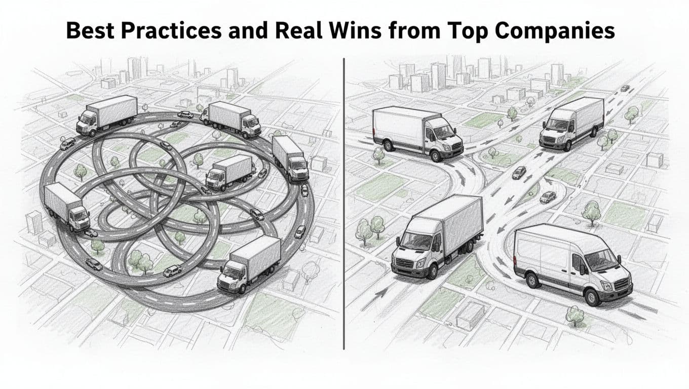 Hand-drawn graphite sketch on white paper showing a before-and-after urban map comparison: left side with tangled truck routes in loops, right side with straight efficient paths, featuring two fleet vans on each side, daylight lighting, clean division.