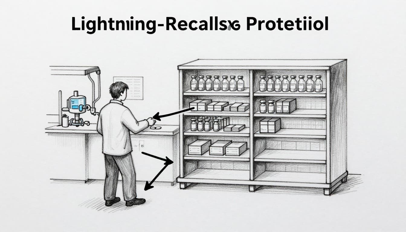 Hand-drawn sketch of tamper-proof blockchain tracking a pharmaceutical vial from factory to store shelf, featuring a quick recall arrow for fraud detection.