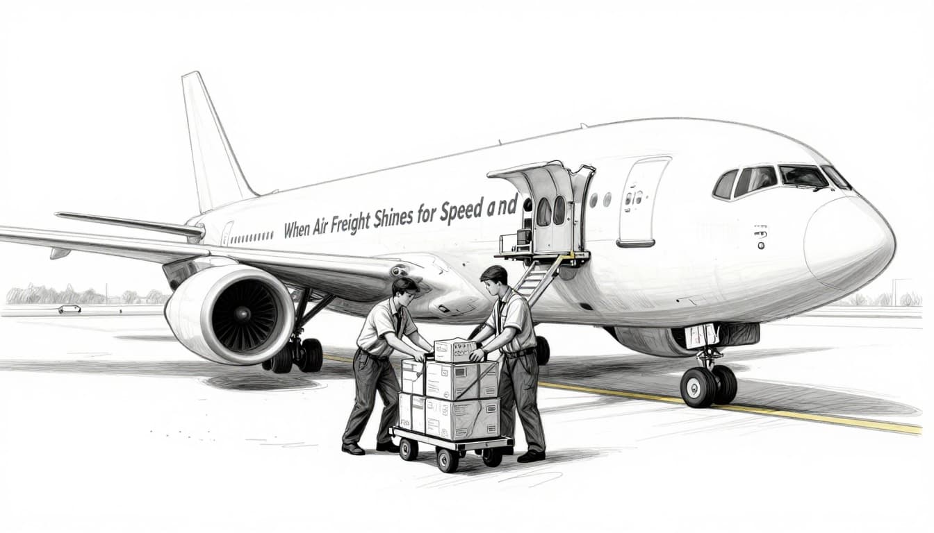 Hand-drawn graphite sketch of a cargo airplane on an airport tarmac during daytime, loaded with high-value time-sensitive packages like medicine and fashion by one relaxed handler pushing a cart, side view emphasizing speed and urgency.