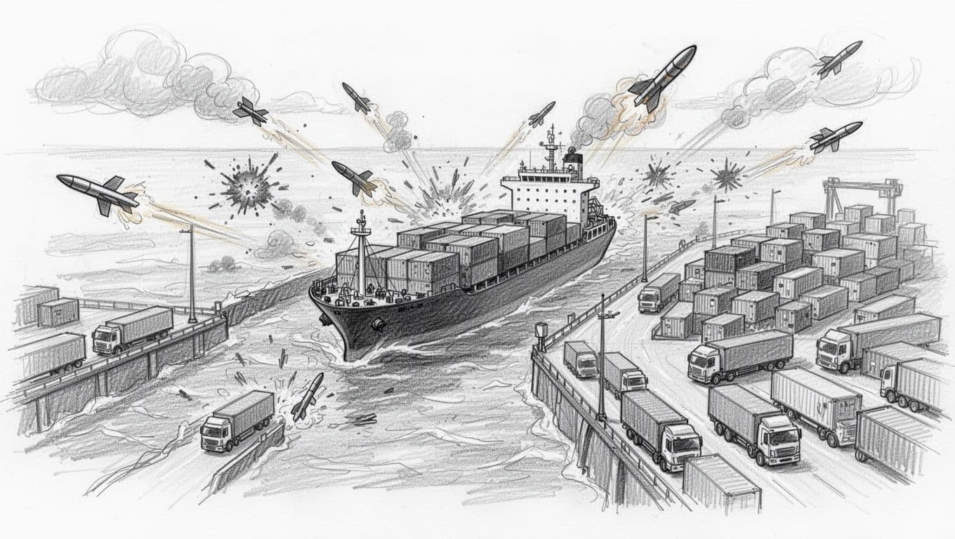 Hand-drawn graphite sketch depicting a single cargo ship blocked in a narrow sea passage by conflict icons like missiles, with containers piling up and trucks waiting at the port, on a white background with light shading and distant view.
