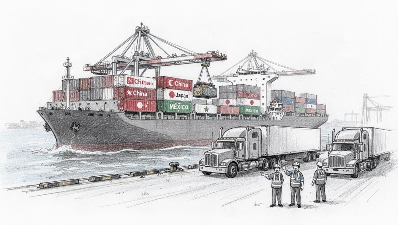 Hand-drawn graphite sketch of a cargo ship docked at a US port unloading stacked containers from China, Japan, and Mexico, with semi-trucks waiting nearby and two workers gesturing, on clean white background.