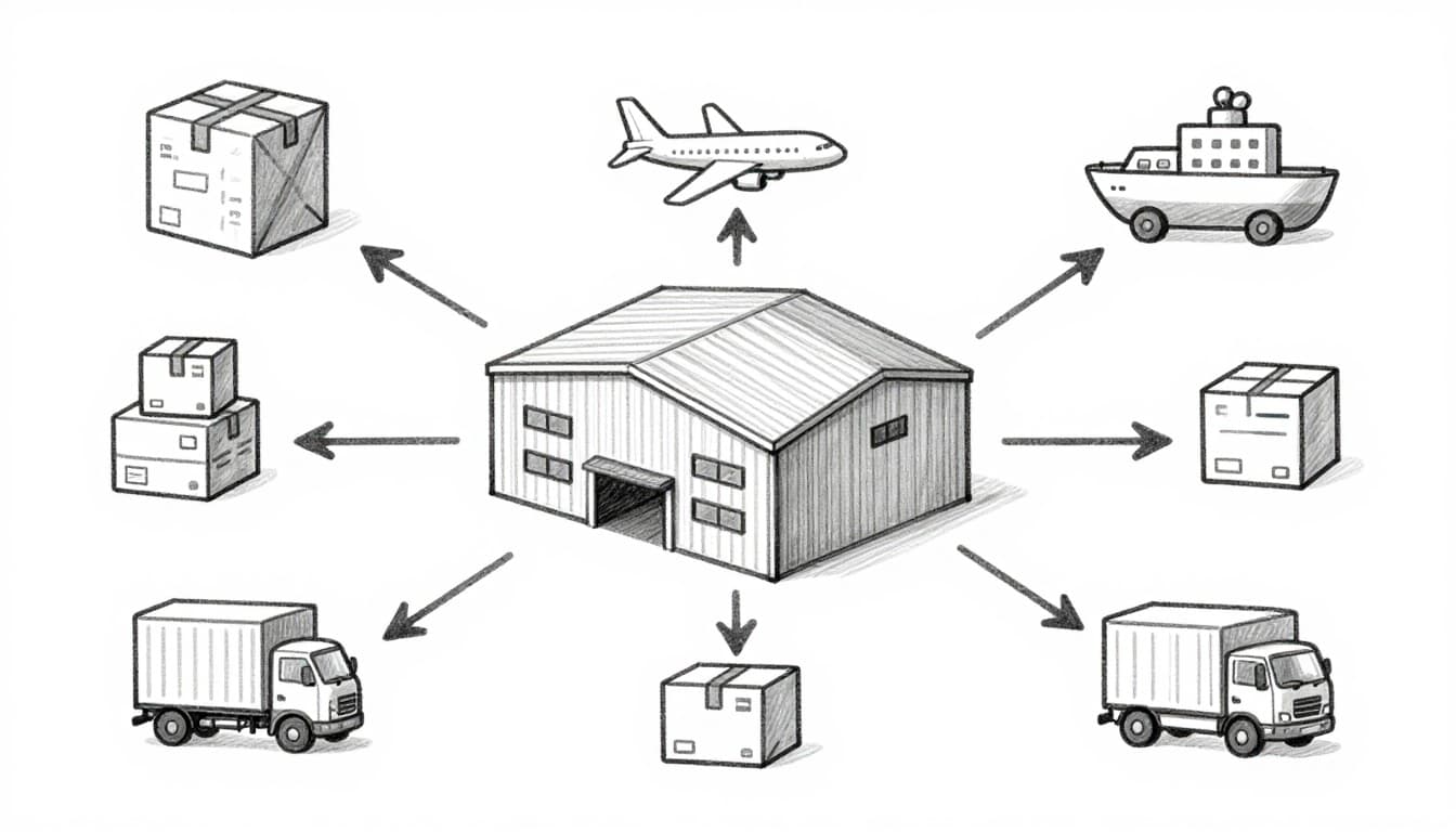 Hand-drawn sketch of a central warehouse connected by arrows to trucks, planes, ships, and trains, with inventory and tracking icons, illustrating multi-modal goods transportation.