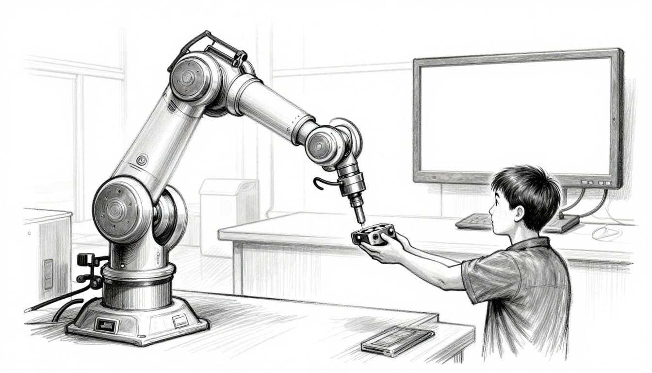 Hand-drawn graphite sketch of a collaborative robot arm handing a metal part to a human worker on a modern factory floor, with a blank AI monitor screen in the background.
