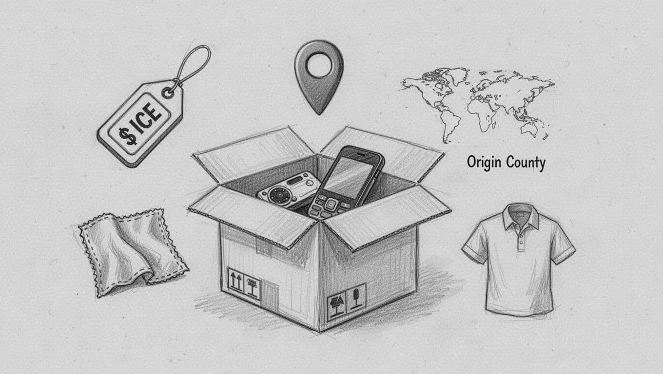 Hand-drawn graphite sketch on light gray paper showing an open cardboard shipping box with electronics inside, surrounded by icons for value (price tag), country of origin (world map pin), and product type (fabric swatch).