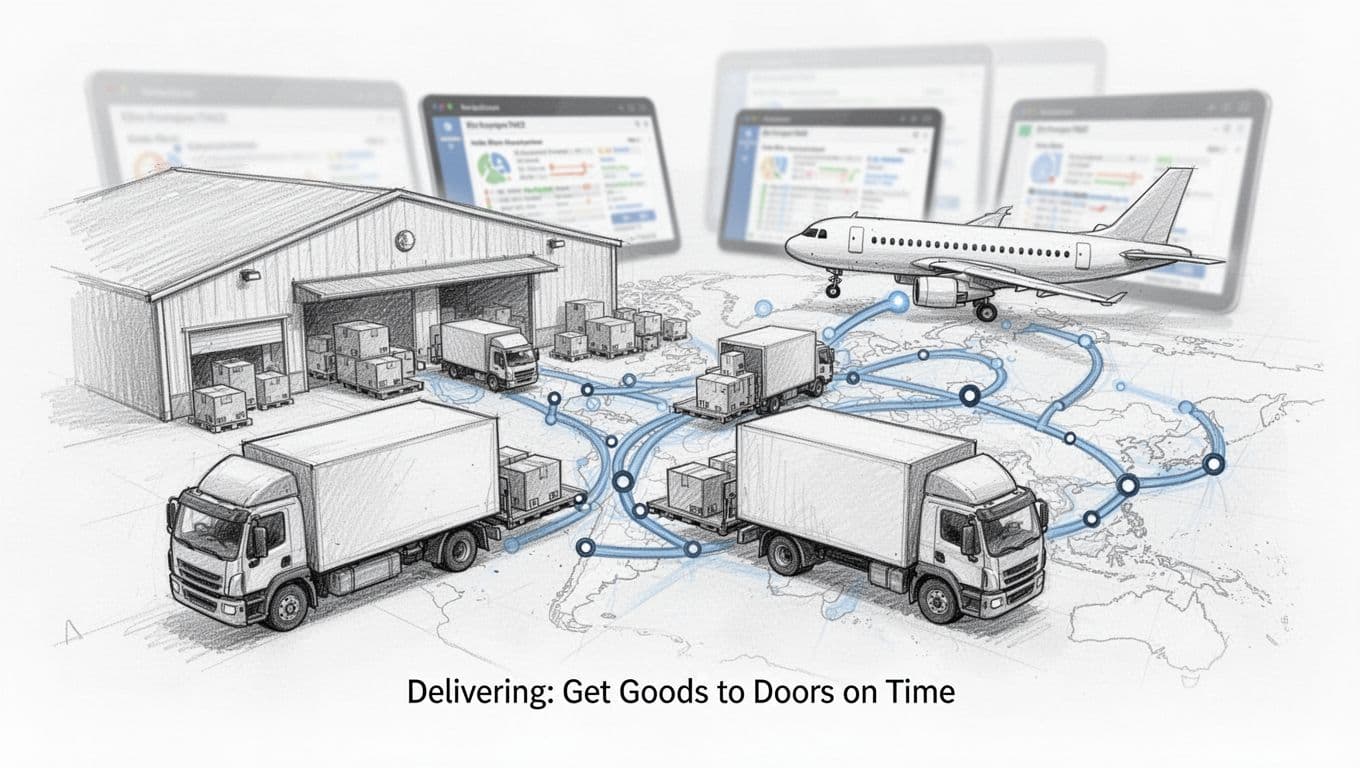Hand-drawn graphite linework sketch showing two delivery trucks and one plane loading boxes from a warehouse to stores, with blurred tracking screens and route map overlay on white paper.