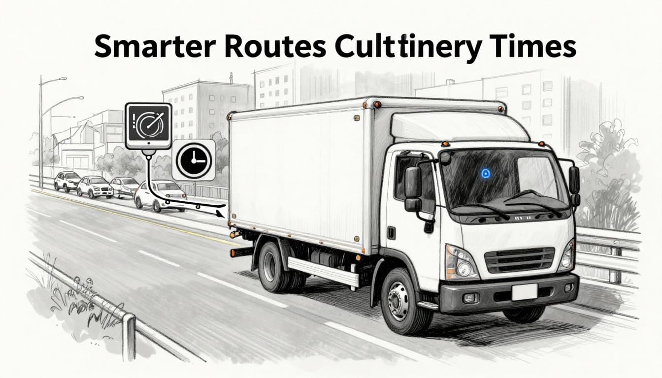 Hand-drawn sketch of a delivery truck on a city road with IoT sensors and GPS tracking, featuring an AI dashboard that reroutes to avoid traffic congestion and shows reduced delivery time icons.