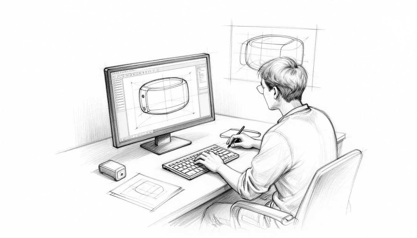 Hand-drawn graphite sketch depicting a designer at a desk focused on computer software, crafting a simple wireframe 3D model of a product prototype, surrounded by tools and sketches, in side view on clean white paper.
