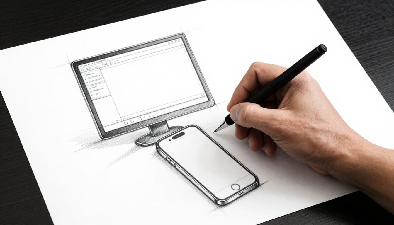 Hand-drawn sketch of a designer at a desk sketching a smartphone on paper, with computer screen showing 3D wireframe model and illegible bill of materials notes nearby.