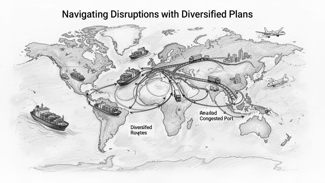 Hand-drawn graphite sketch of a world map highlighting diversified shipping routes using ships on ocean, rail on land, trucks on highway, and planes in sky, avoiding congested ports.