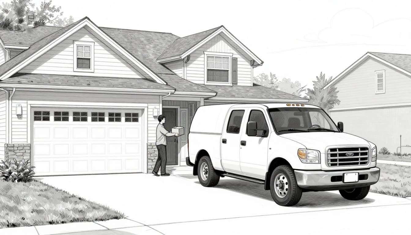 Hand-drawn grayscale sketch of a delivery truck parked in a suburban driveway, with the driver handing a small package to the homeowner at the front door under natural daylight.
