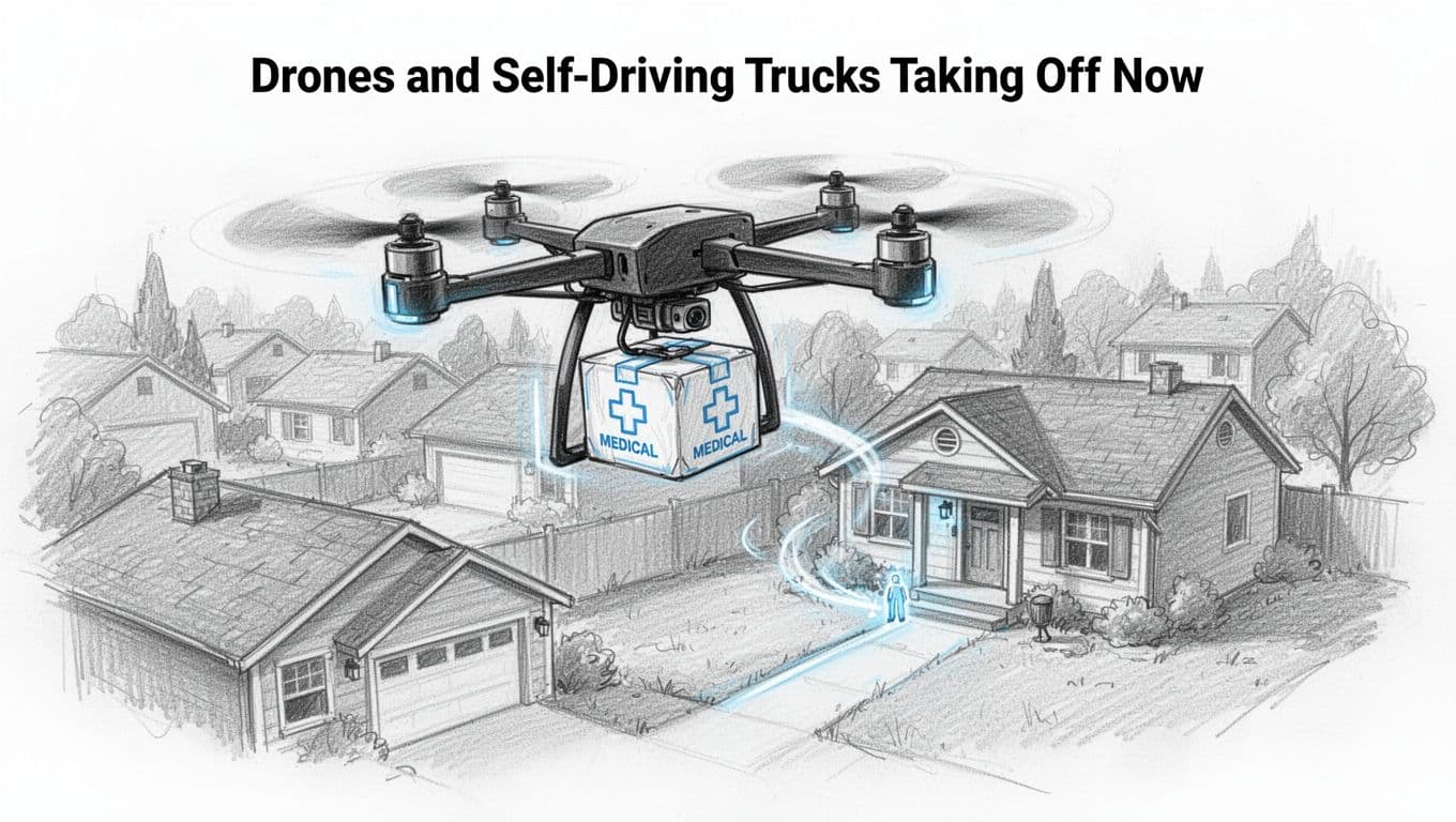 Hand-drawn graphite sketch of a drone carrying a medical package flying low over suburban rooftops toward a house delivery point, dynamic aerial view with light shading on clean white background.