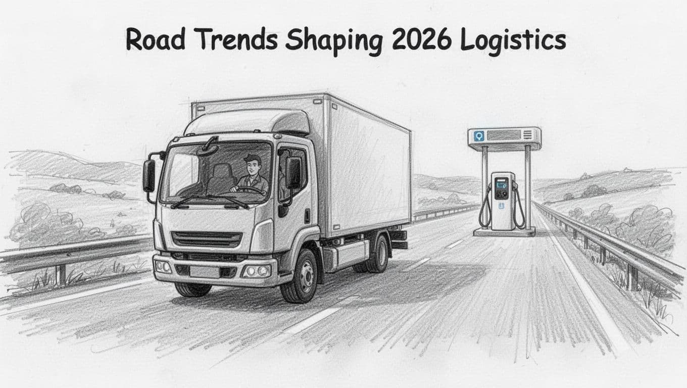 Hand-drawn grayscale sketch of a single electric delivery truck driving on a highway toward a distant charging station, with one driver visible in the cab and simple daylight landscape.