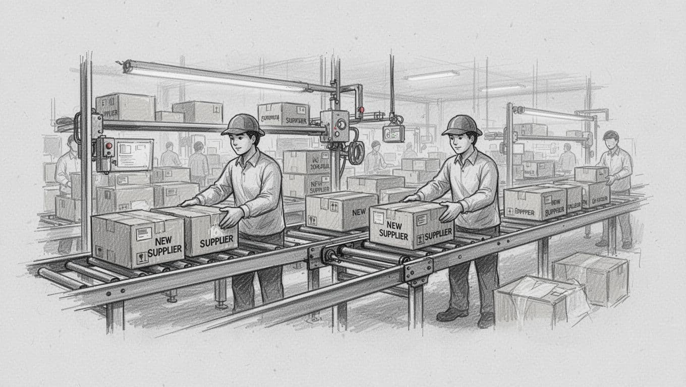 Hand-drawn factory assembly line sketch showing workers adjusting workflow as new supplier boxes arrive on a light paper background.