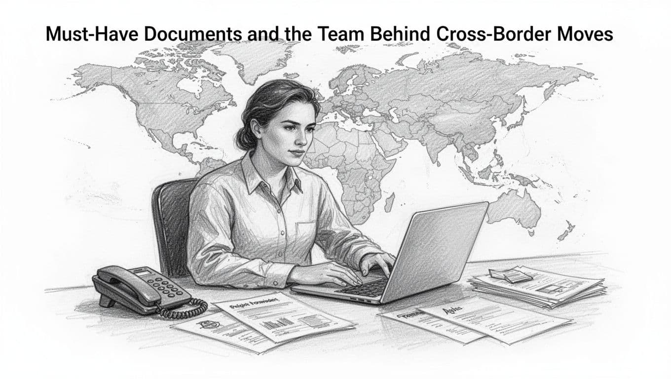 A focused freight forwarder sits at a desk using a computer to coordinate shipments, with a world map background, phone, and documents nearby. Hand-drawn sketch style features graphite linework, light shading, and a clean white background.