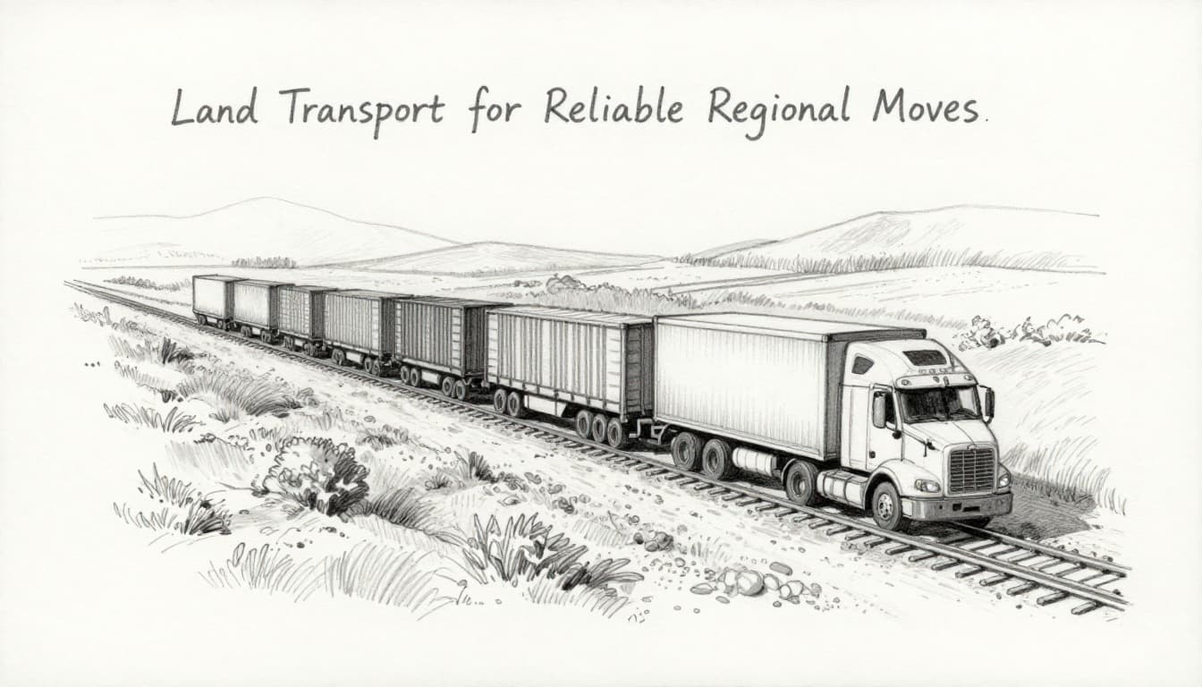 Hand-drawn graphite sketch of a freight train and semi-truck carrying containers on parallel tracks and road through a daytime regional landscape.