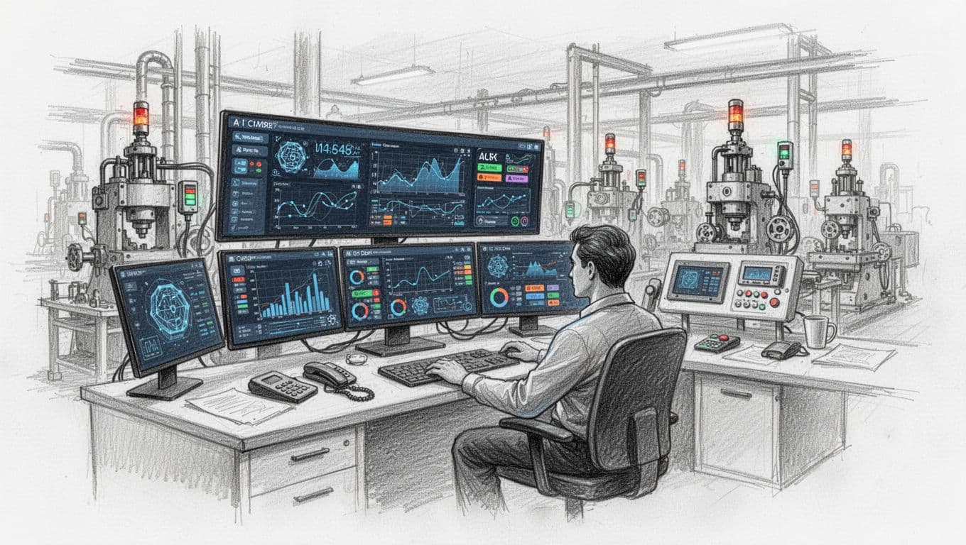 Graphite sketch of a modern factory control room featuring AI dashboards on screens displaying real-time data, sensors on background machines, and one operator monitoring alerts on a clean white paper background.