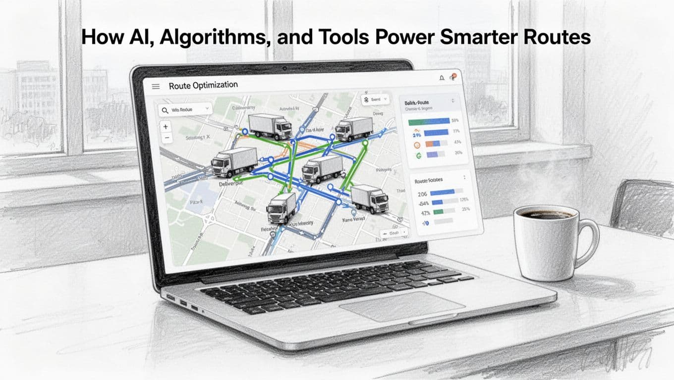 A hand-drawn graphite sketch on white paper depicts a laptop screen displaying an AI-powered route optimization map with delivery truck icons, paths, and stats bars in an office setting with a coffee mug.