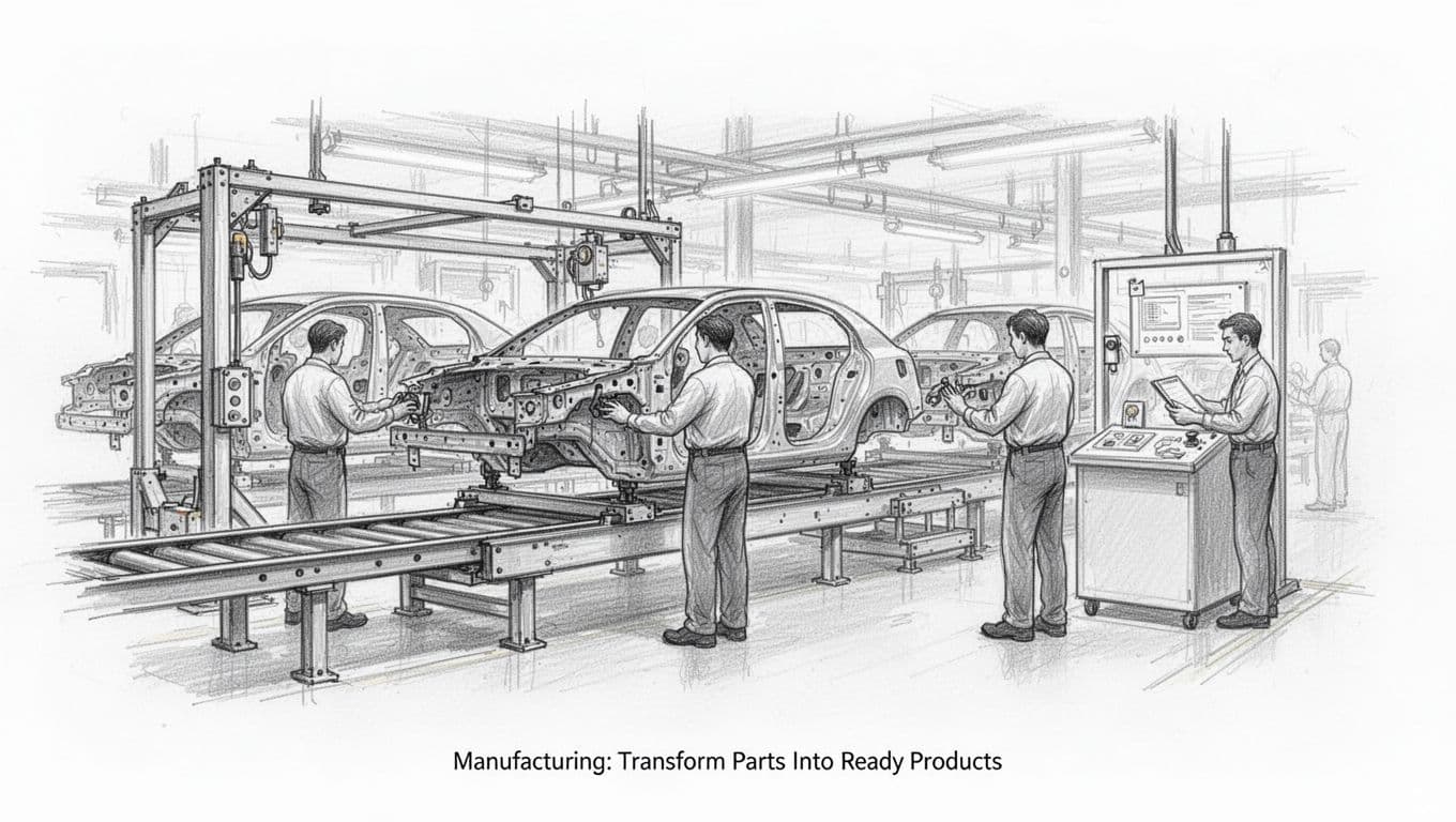 Graphite linework sketch on white paper showing a side-view factory floor with three workers attaching parts to car chassis on a conveyor belt, including a quality check station.