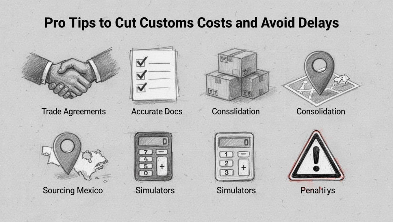 Hand-drawn graphite sketch on light gray paper showing six icons for customs cost-saving strategies: handshake for trade agreements, checklist for docs, stacked boxes for consolidation, map pin for Mexico sourcing, calculator for simulators, and warning sign for penalties. Clean composition with light shading and white space, no text or extras.
