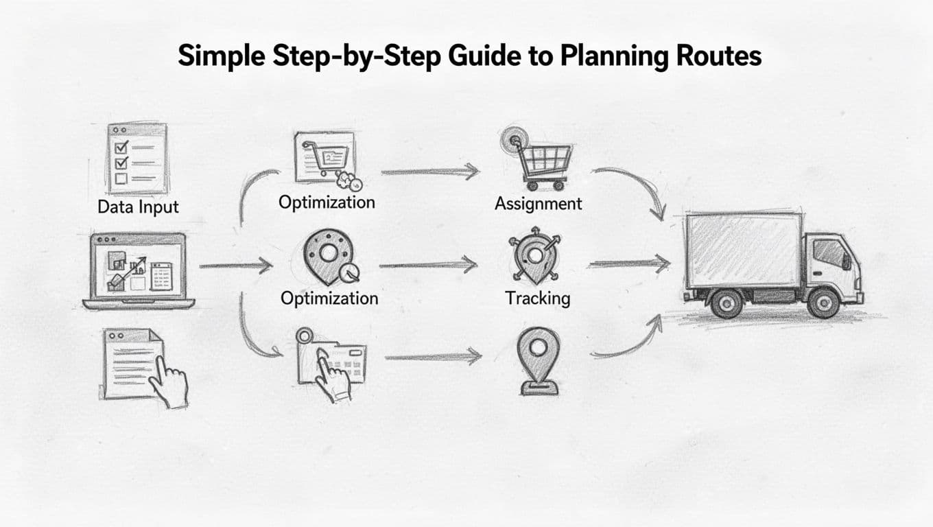 A simple hand-drawn sketch flowchart on clean white paper, featuring 6-8 icons for data input, optimization, assignment, tracking, connected by arrows, ending with a delivery truck, no text labels or people.