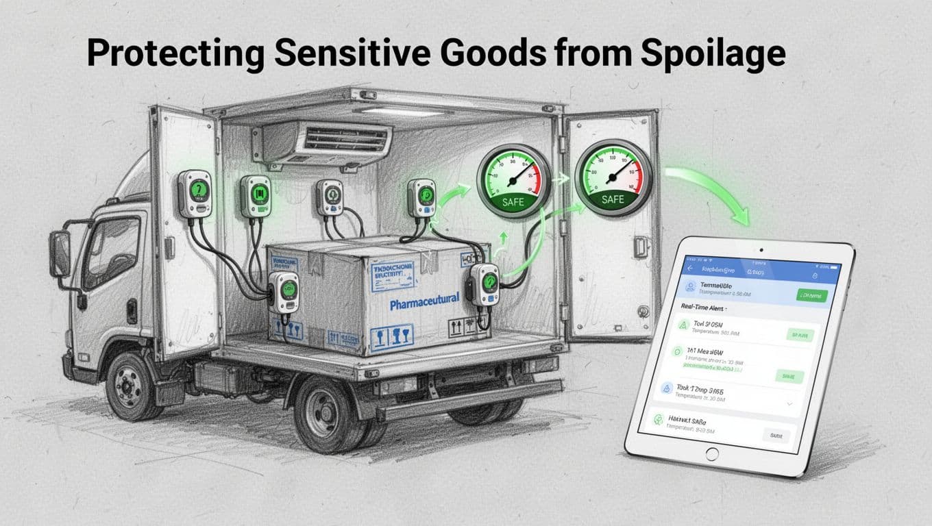 Hand-drawn sketch of small IoT sensors on a pharmaceutical box inside a refrigerated truck, with analog gauges showing safe green temperature and humidity levels, and a nearby tablet receiving real-time alerts.