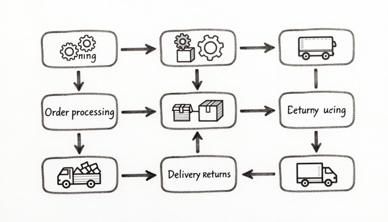 Hand-drawn sketch-style flowchart diagram with 10 sequential boxes connected by arrows, depicting the logistics process from planning to tracking, arranged horizontally on a table-like surface with graphite linework, light shading, and a clean white background featuring simple icons.