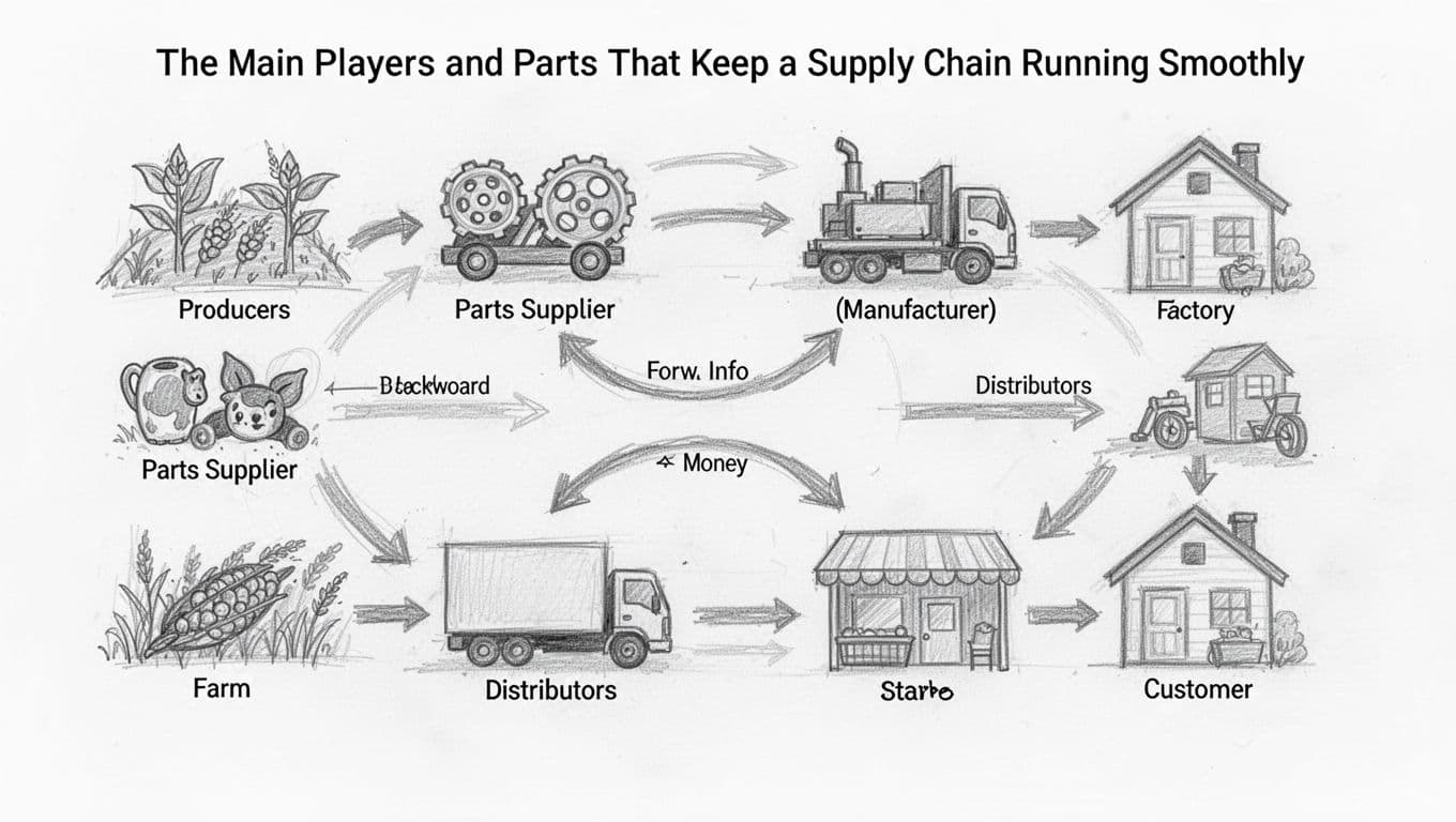 Hand-drawn graphite sketch of a simple supply chain network featuring six icons: farm, parts supplier, factory, truck, warehouse, store, and customer house, connected by forward arrows for goods and backward arrows for information and money on a clean white background.