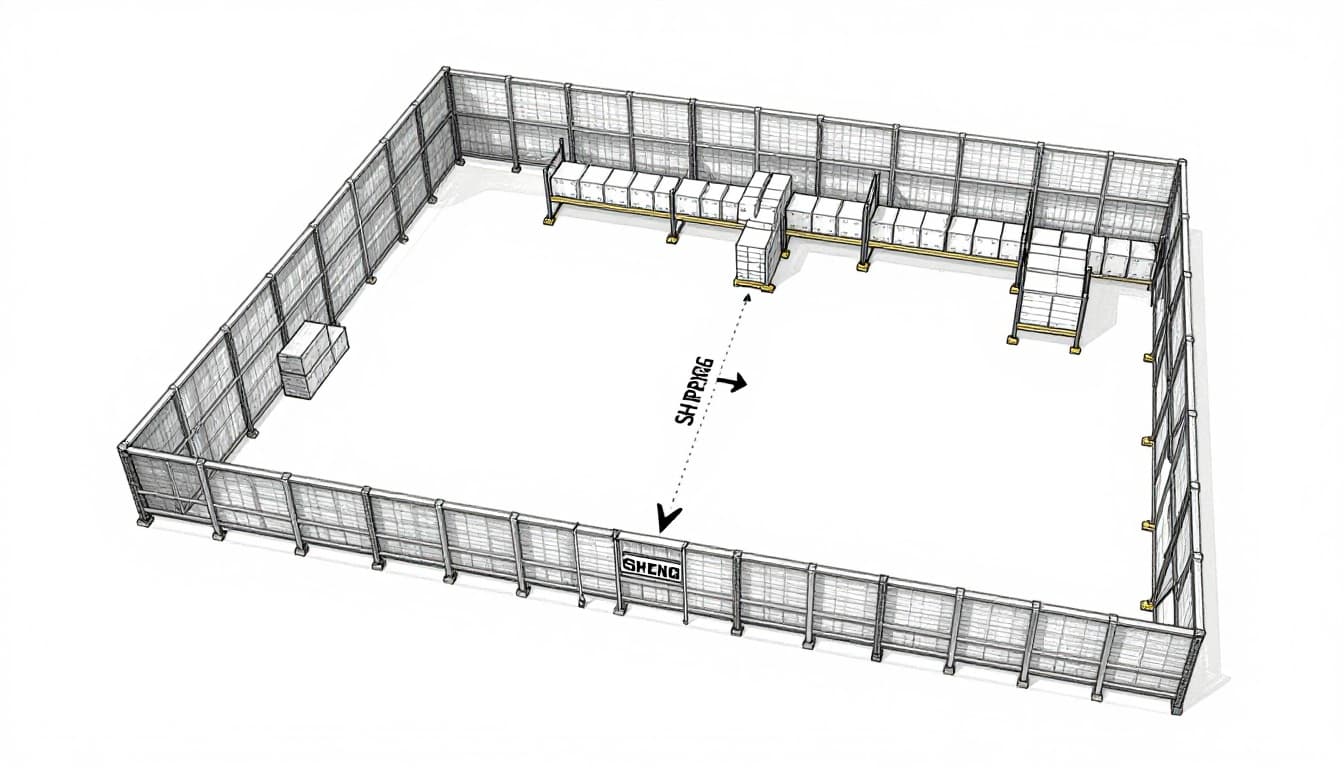 Top-down hand-drawn sketch of a warehouse floor plan in graphite linework with light shading, featuring zones for receiving, bulk storage, picking, packing, and shipping, with arrows showing efficient product flow.