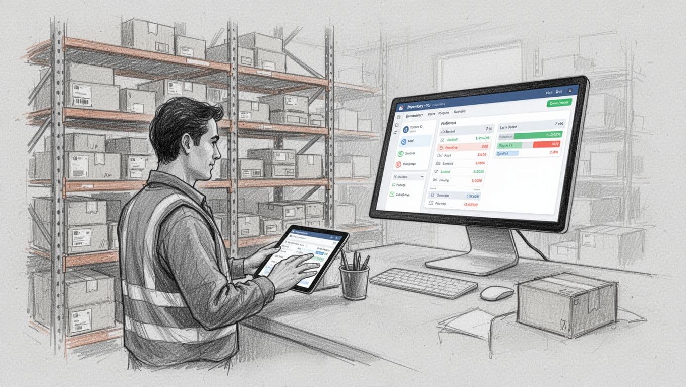 Hand-drawn warehouse scene showing organized shelves of boxes, one worker checking stock levels, and an angled inventory dashboard on a light paper background.