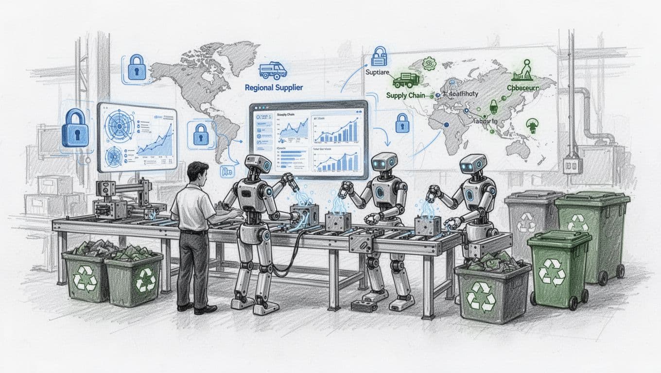 Hand-drawn graphite sketch of a factory floor where two workers and two robots collaborate on an assembly line, featuring an AI dashboard for supply chain forecasting, supplier map, recycling bins for sustainability, and cybersecurity icons.