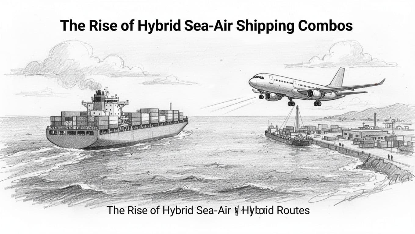 Hand-drawn graphite sketch of a container ship approaching a coastal hub to transfer cargo to a waiting airplane, illustrating hybrid sea-air shipping in a wide landscape under bright daylight.