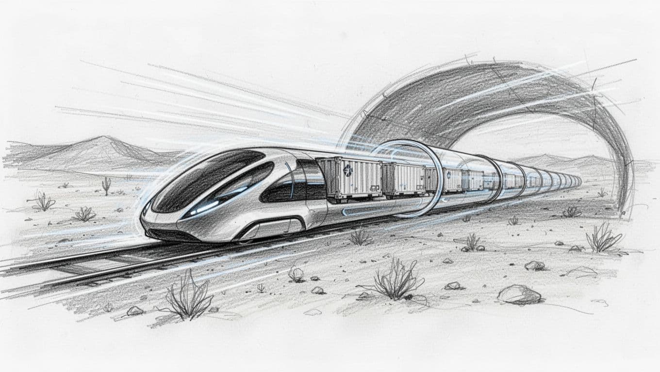 Hand-drawn graphite sketch of a sleek hyperloop pod with cargo modules speeding through a vacuum tube tunnel in a desert landscape. Dynamic side view features speed lines and light shading on a clean white background, no people, text, or logos.