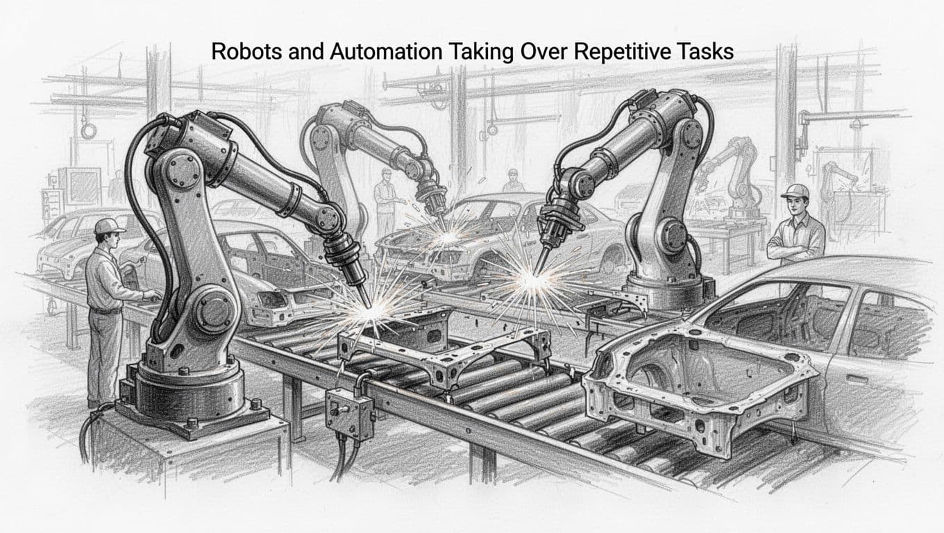 Hand-drawn graphite sketch of two industrial robots on a factory floor performing welding and metal cutting on car parts along a conveyor belt, with two workers supervising from a distance. Features light shading on a clean white paper background, no text or logos.