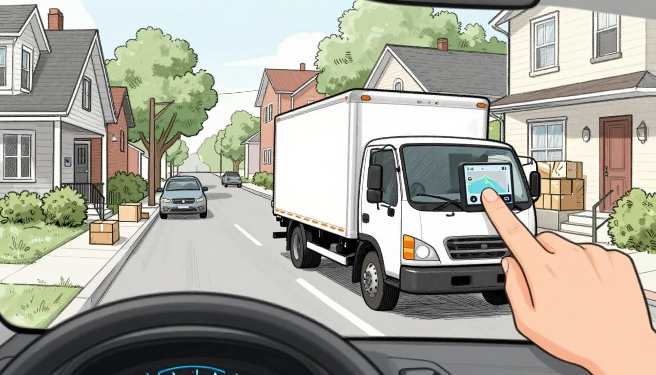 Hand-drawn sketch of a delivery truck navigating a busy city street toward a house with packages unloading at the door, GPS on dashboard, houses and trees in background, graphite linework and light shading on white background.