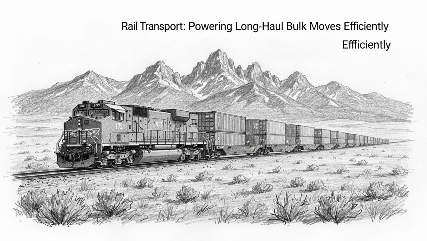 Hand-drawn grayscale sketch of a long freight train with double-stacked containers crossing a vast rural American plain toward distant Rocky Mountains, dynamic side angle with locomotive pulling many cars into the horizon.