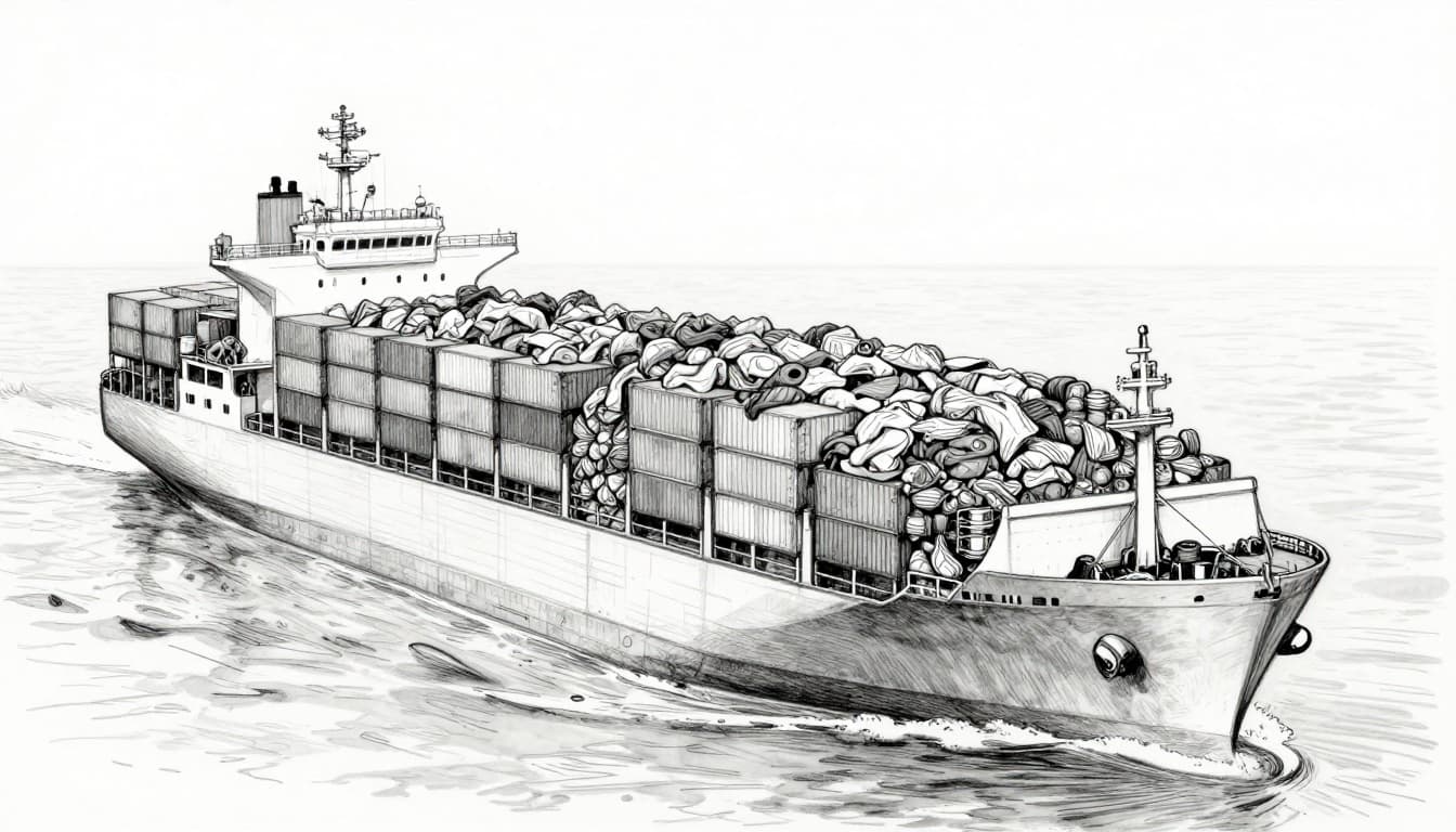 Hand-drawn graphite sketch of a massive container ship loaded with thousands of tons of bulk cargo like clothes and machines, sailing on a calm ocean in a wide view composition under bright daylight.