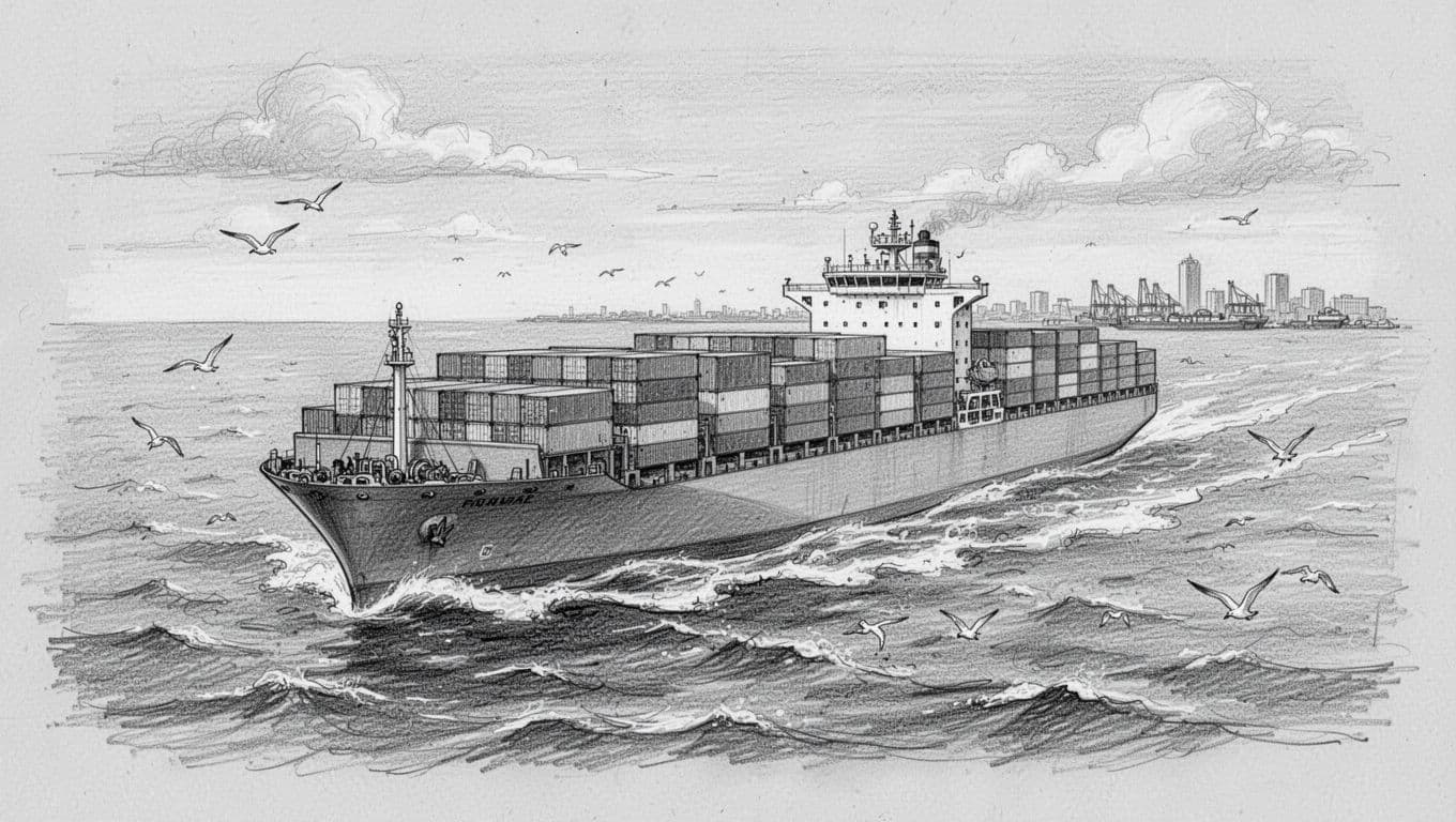 A fully loaded massive container ship stacked with shipping containers sails across a vast ocean under clear skies toward a distant port city, captured in a dynamic three-quarter side view graphite sketch emphasizing immense scale and power with gentle waves and seabirds.