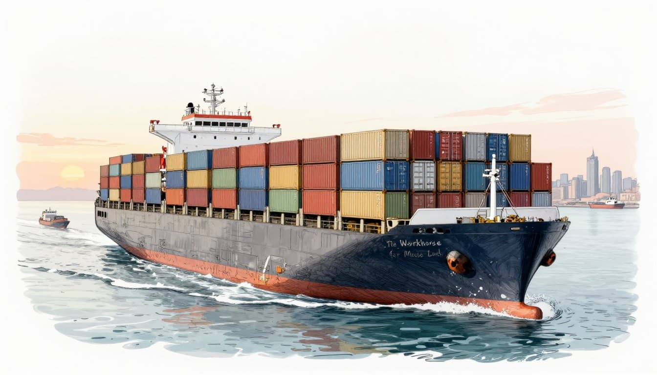 Hand-drawn graphite sketch of a massive container ship loaded with stacked colorful shipping containers sailing across a calm ocean toward a distant port city skyline at sunset, with smaller vessels visible in a hub-and-spoke route.