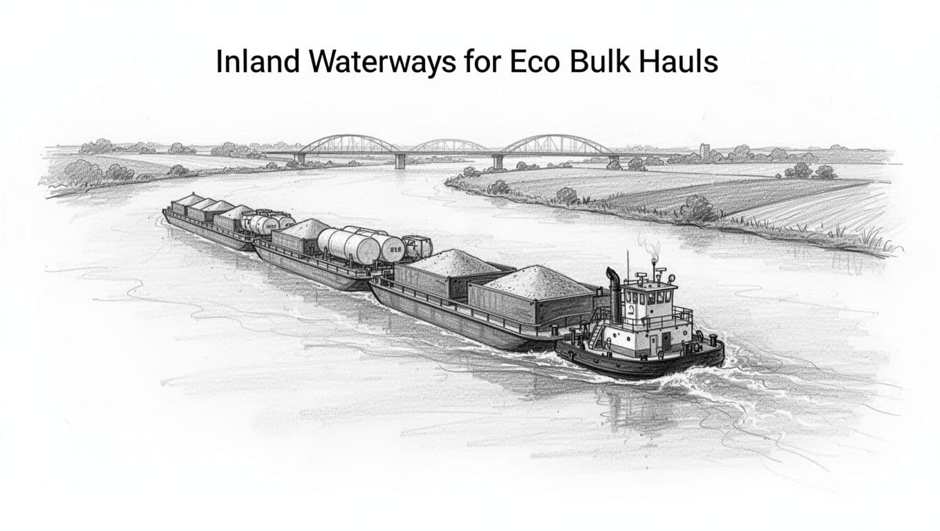 Hand-drawn graphite sketch of a towboat pushing a long string of barges loaded with grain and fuel containers along a wide US Midwest river like the Mississippi, under clear daylight with flat farmland banks and distant bridges. Clean white background with light linework shading, no people, text, or logos.