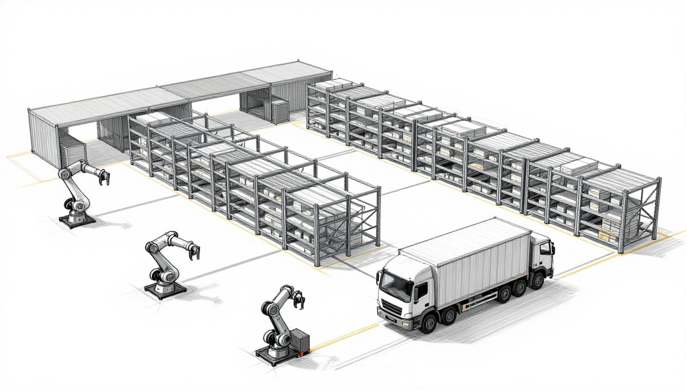 Hand-drawn graphite sketch of a futuristic warehouse featuring modular AS/RS racks, two robots unloading an inbound truck, and AI orchestration via connected lines, wide view on clean white paper.